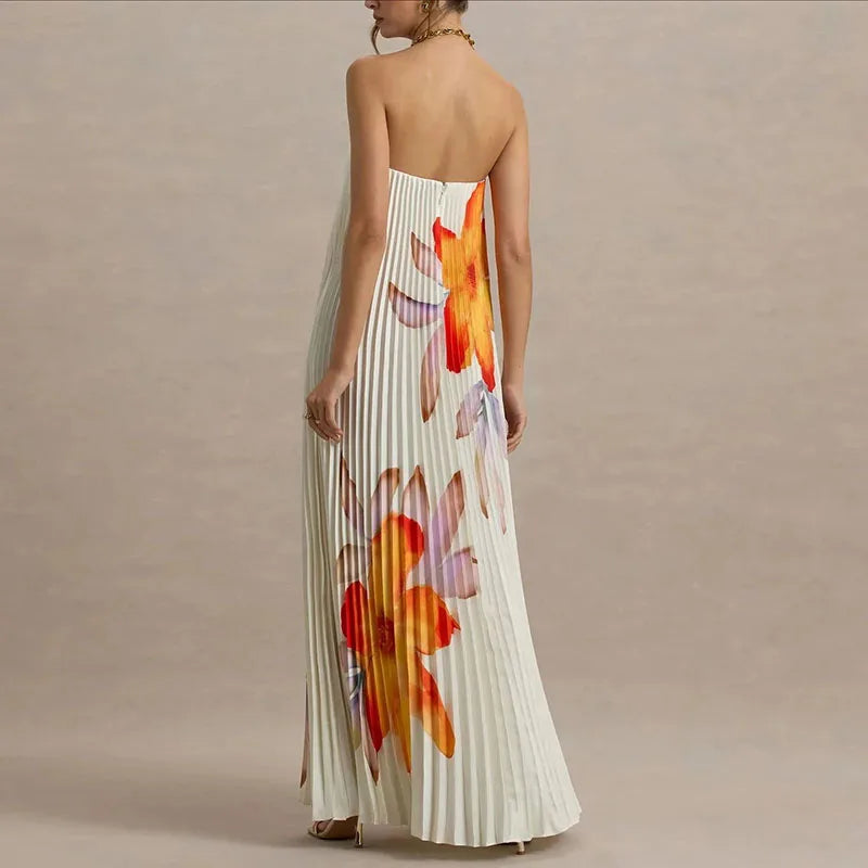 Elegant Floral Print A-Line Pleated Dress