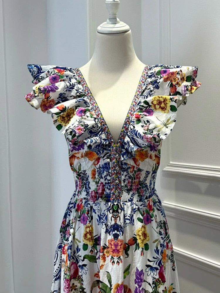 Retro Geometric Print V-neck Dress