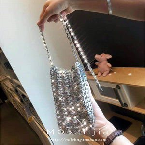 Designer Silver Metal Sequins Diamond Woven Bag