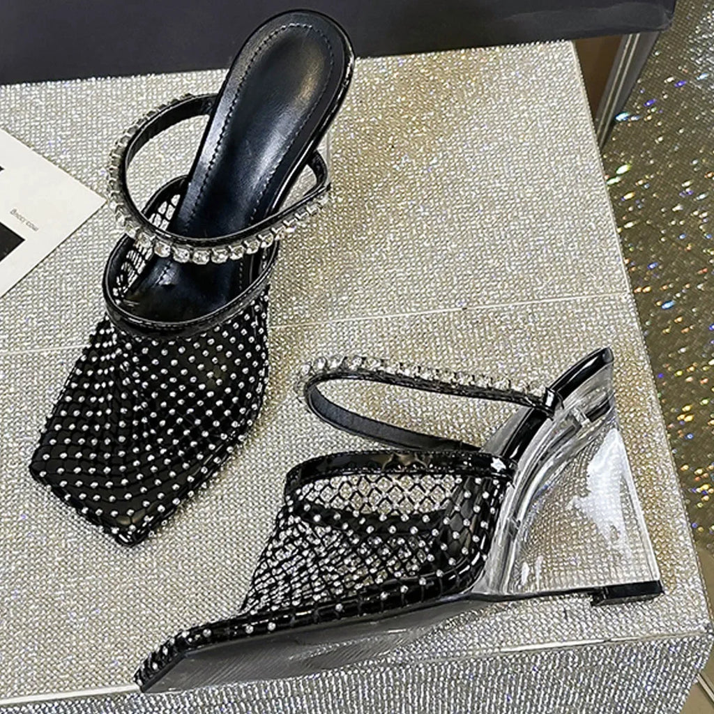 Crystal Diamond Square Toe Designer Transparent Slippers