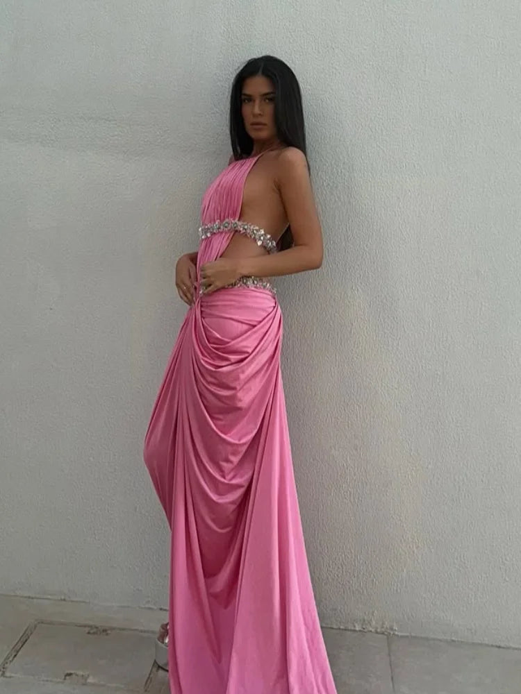 Pink Satin Sequin Halter Dress