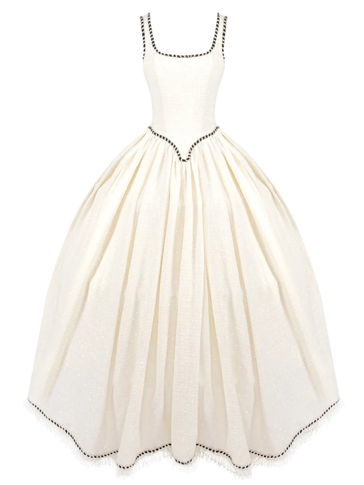 Elegant Dress Slip Tweed Pleated Tassel Edge Pockets Big Swing Dresses