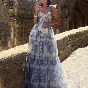 Blue Print Lace Up Princess Dress