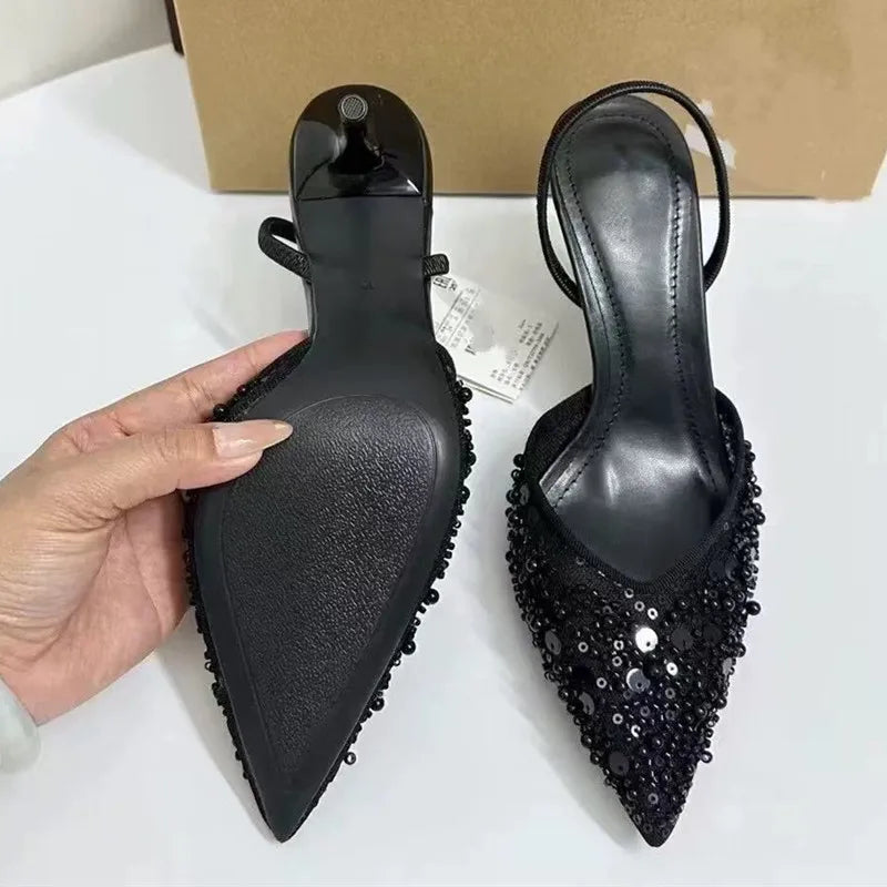 Bling Bling Fashion Pearls Sequined Air Mesh Pumps Sandals