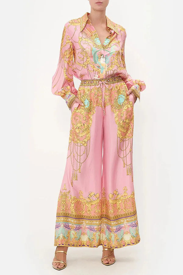 Leisure Long-sleeved Pink Printed Shirt Trousers Sets