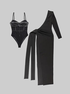 Black 2 Piece One Shoulder Long Sleeve Ruched Split Dress + Mesh Bodysuits