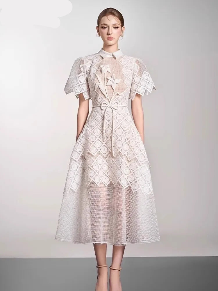 Elegant Dress Lace Gauze Spliced Solid Color Dresses