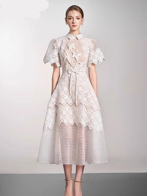 Elegant Dress Lace Gauze Spliced Solid Color Dresses