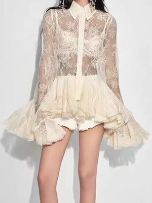 Sheer Spliced Ruffles Folds Mini Dresses