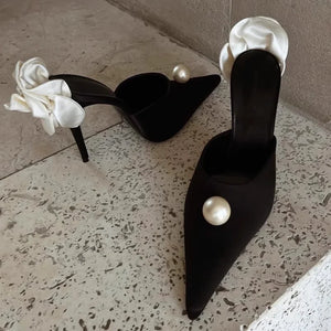 Satin Rose Flower Pearl Sandals