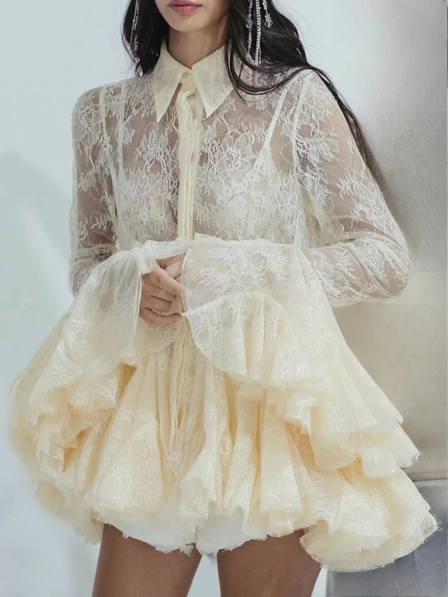Sheer Spliced Ruffles Folds Mini Dresses