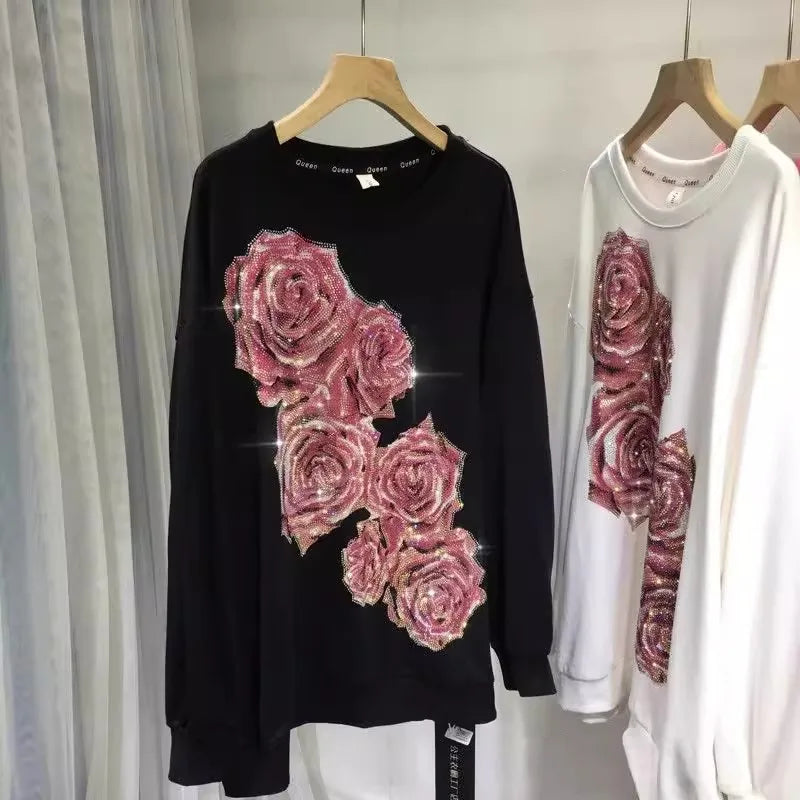 Oversized Rhinestone Light Luxury Rose Pull-over