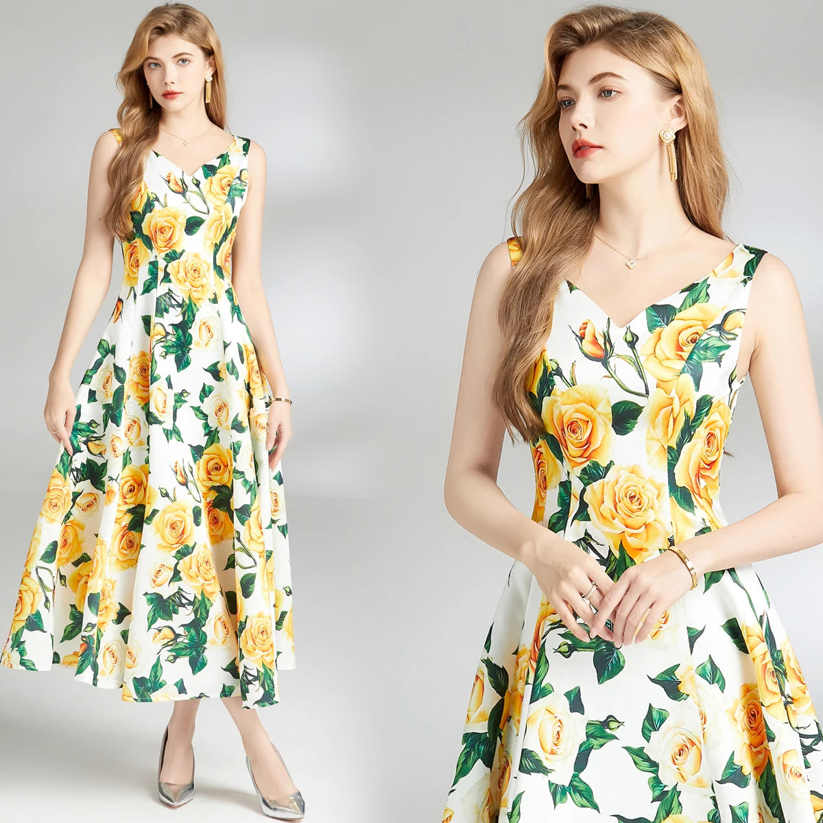 Summer Yellow Rose Spaghetti Strap Bohemian Dress