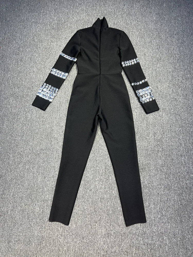 Luxury Turtleneck Beading Sparkly Black Bandage Jumpsuit