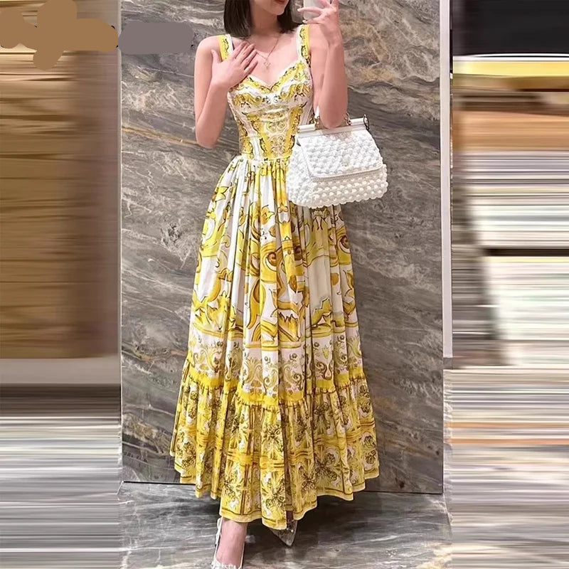 Spaghetti Strap Backless Print Temperament A-Line Pleated Dresses