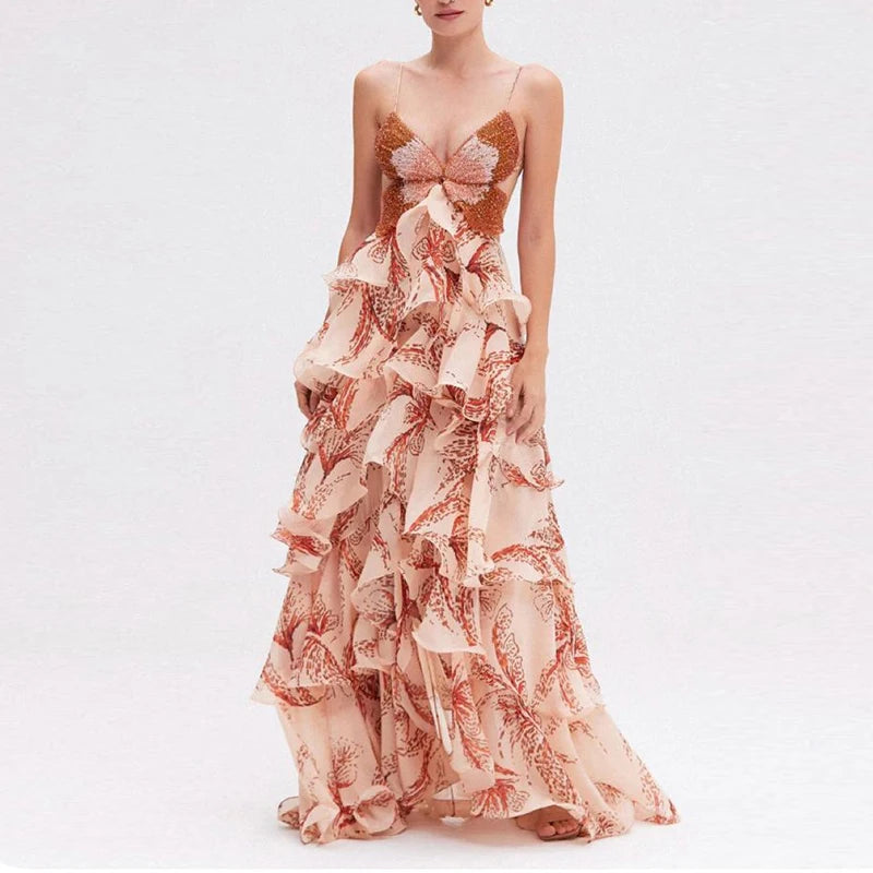 Chic Butterfly Print Ruffle Pleated Dresses