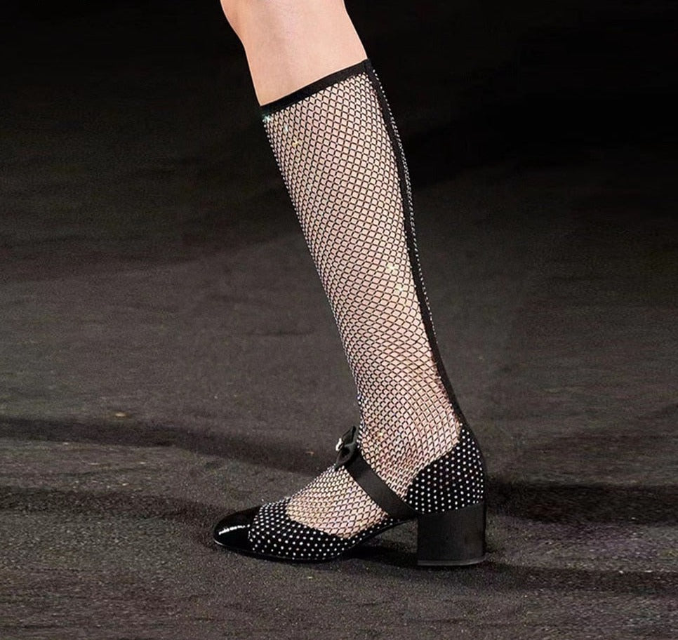 Crystal Mesh Bowknot Mary Jane Round Toe Luxury Sandals