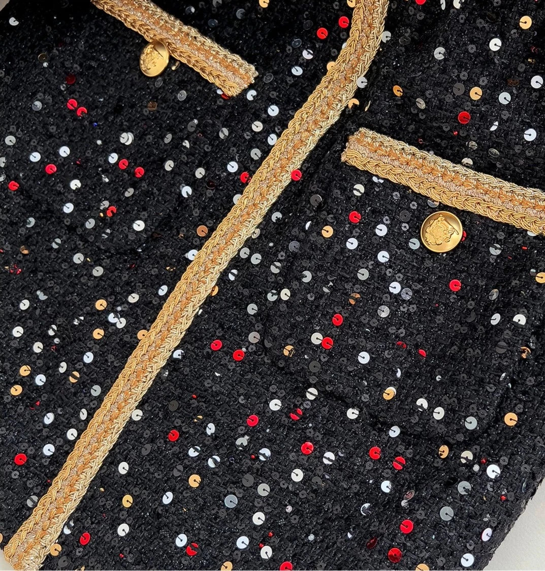 Luxury Retro Sequin Black Gold Tweed Coat
