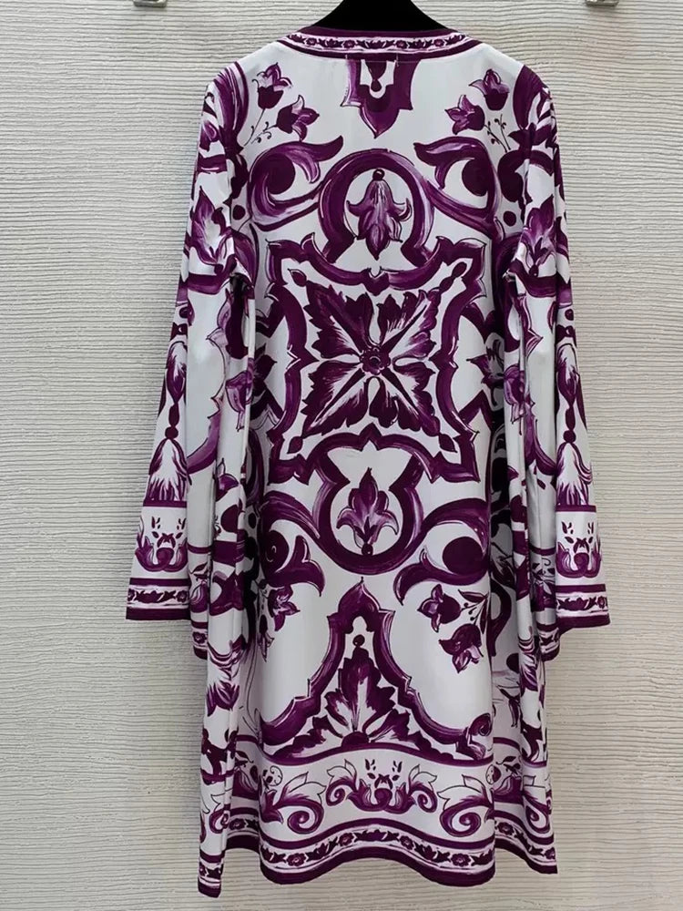 New Round Neck Long Sleeve Printed Loose Dress