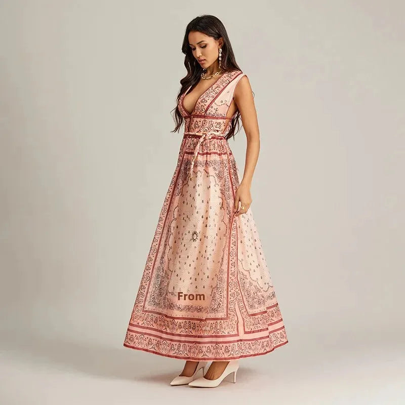 Retro Print Sleeveless Long Dress er Australia Market Hot Sale Of The