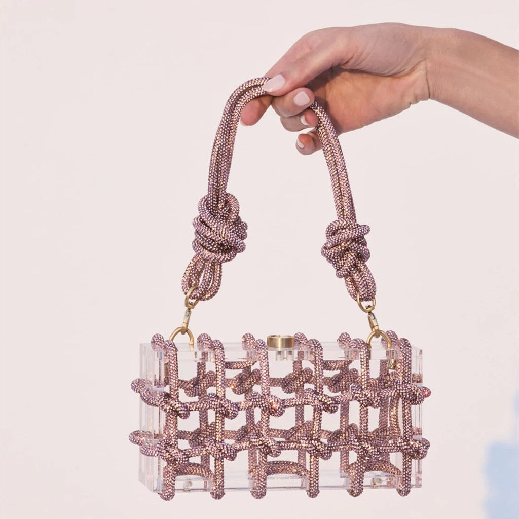 Crystal-Embellished Rope Acrylic Rhinestones Evening Luxury Clear Knot Bag