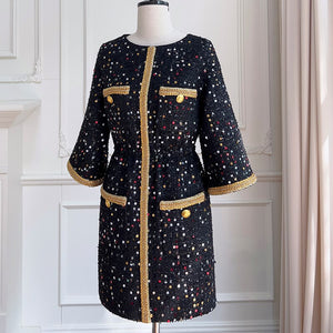 Luxury Retro Sequin Black Gold Tweed Coat