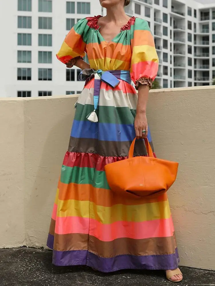 Puff Sleeves Multi-Colored Striped Dress