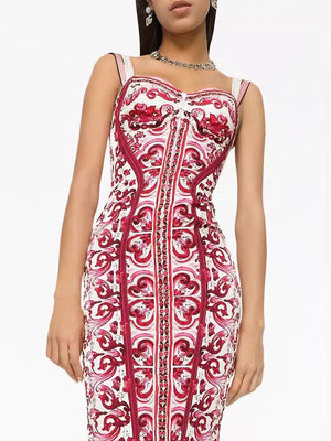 Retro Geometric Print Back Color Contrast Strapless Halter Dress