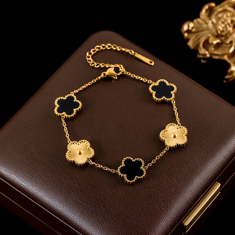 Double Sided Green Five Leaf Flower Charm Bracelets