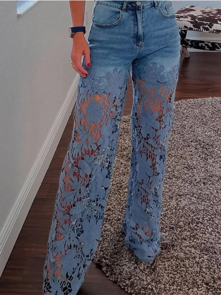Plus Size Stretch Denim Jeans With Cut-Out Lace