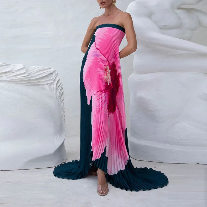 Elegant Floral Print Strapless Party Dress
