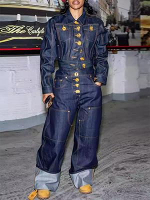Solid Spliced Button Loose Denim Two Piece Sets