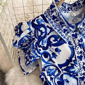 2025 Summer Blue White Porcelain Print Long Dress