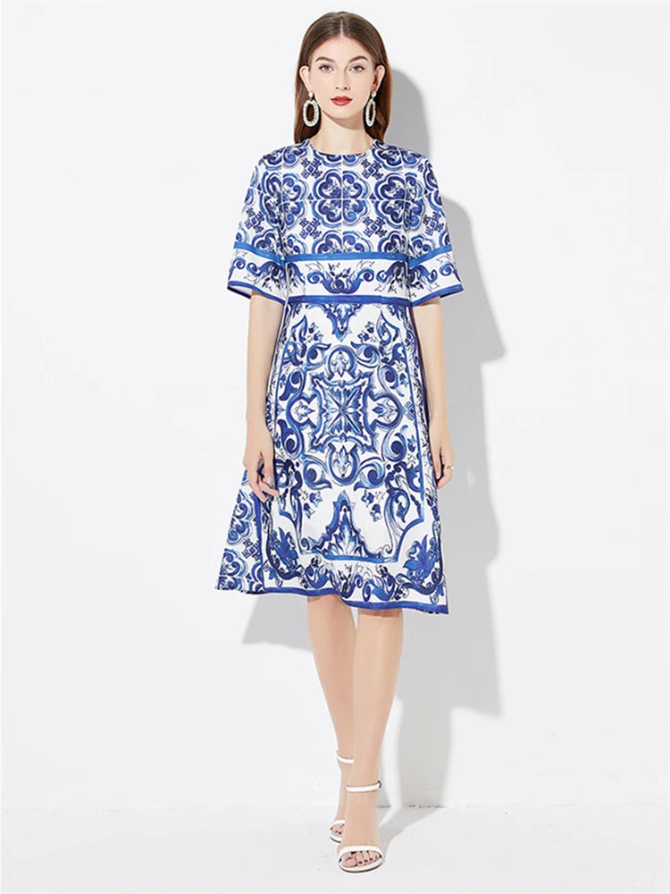 High Quality Elegant Retro Majolica Porcelain Print Runway Dress