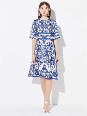 High Quality Elegant Retro Majolica Porcelain Print Runway Dress