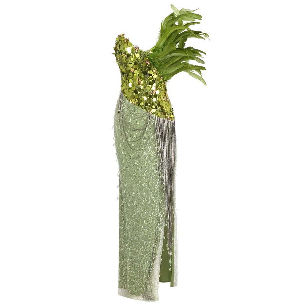 Green Feather Shining Sequins Strapless Slim High Slit Beads Tassels Dress