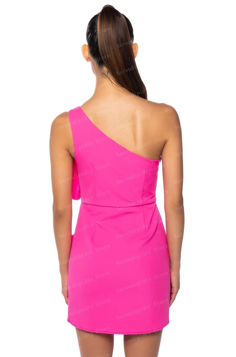 One Shoulder Bodycon Floral Hot Pink Matte Satin Dress