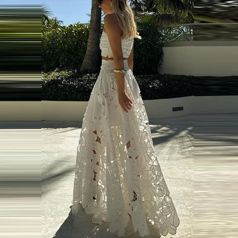 Crop Top & Maxi Skirts Set Embroidery Lace 2pcs