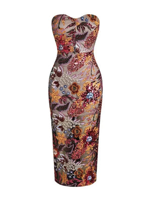 New Sexy Strapless Floral Sequin Long Dress