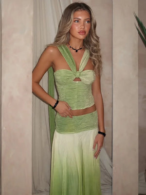 Gradient Pleated Top Skirt Set Beach Halter Suit