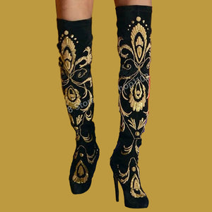 Gold Embroidery Design Over the Knee Boots