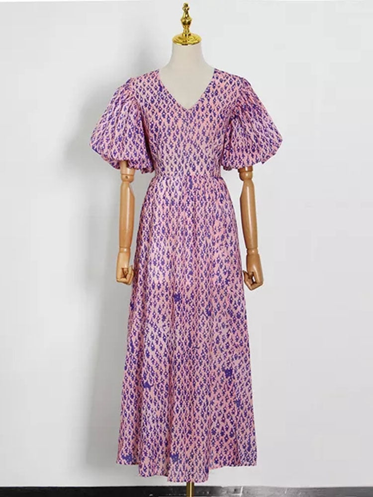 Green Print Puff Sleeve Dresses
