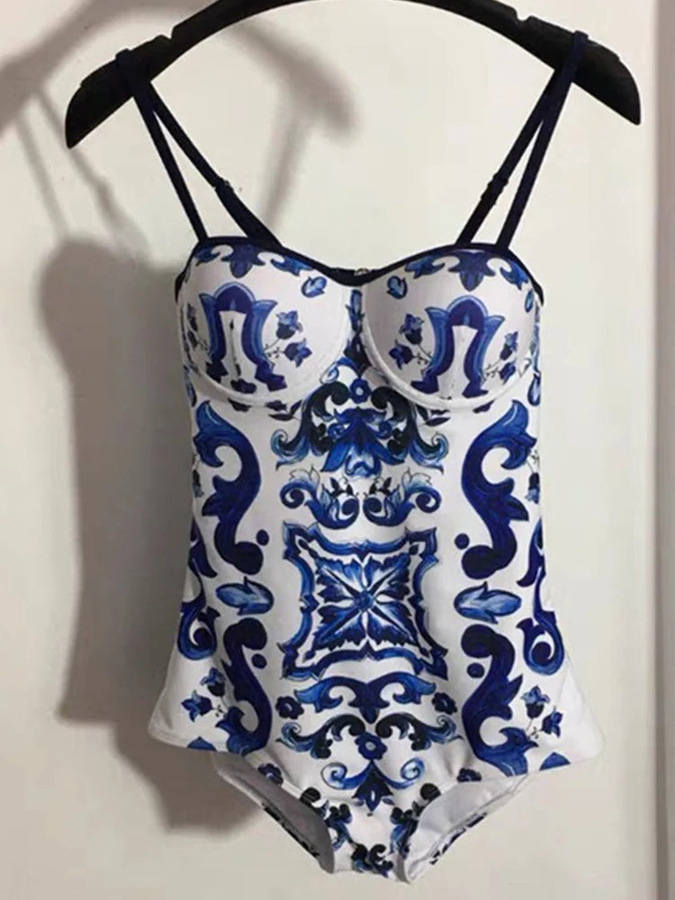 Retro Blue and White Porcelain Printing Swimsuit