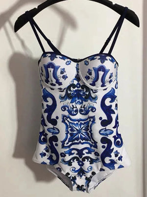 Retro Blue and White Porcelain Printing Swimsuit