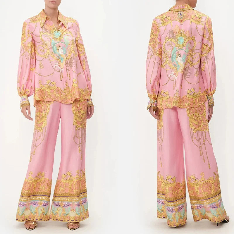 Leisure Long-sleeved Pink Printed Shirt Trousers Sets