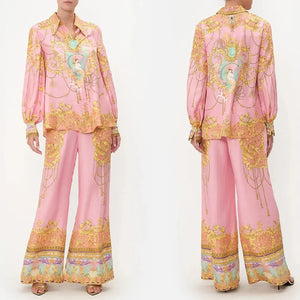 Leisure Long-sleeved Pink Printed Shirt Trousers Sets