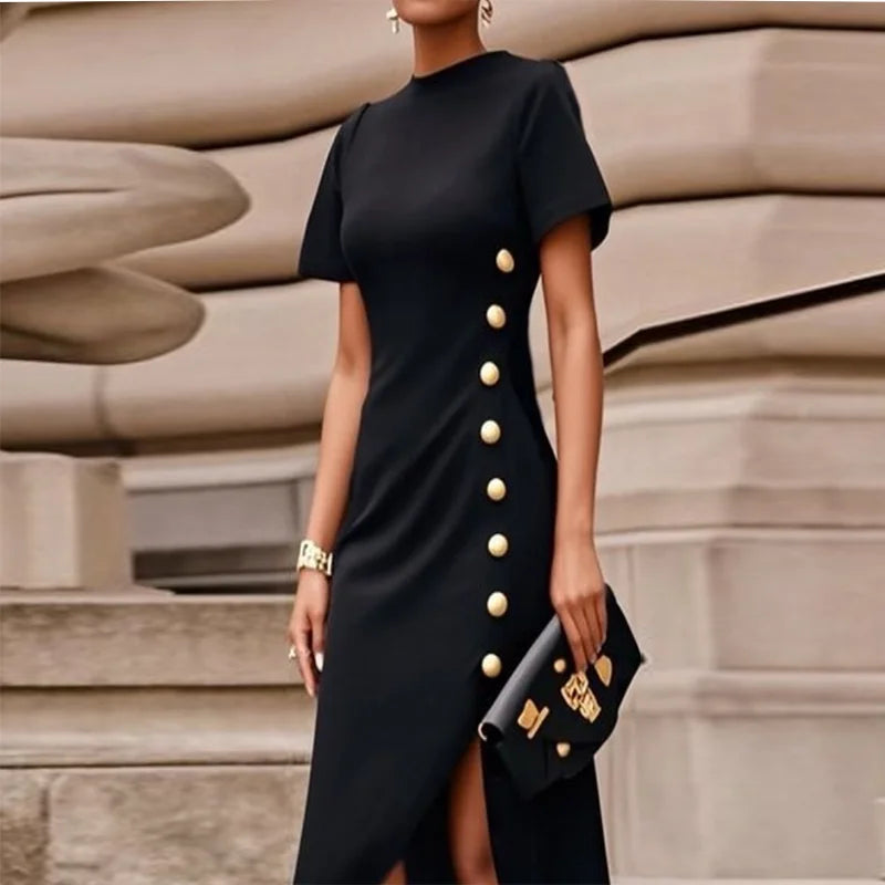 Gold Button Asymmetrical Maxi Dresses