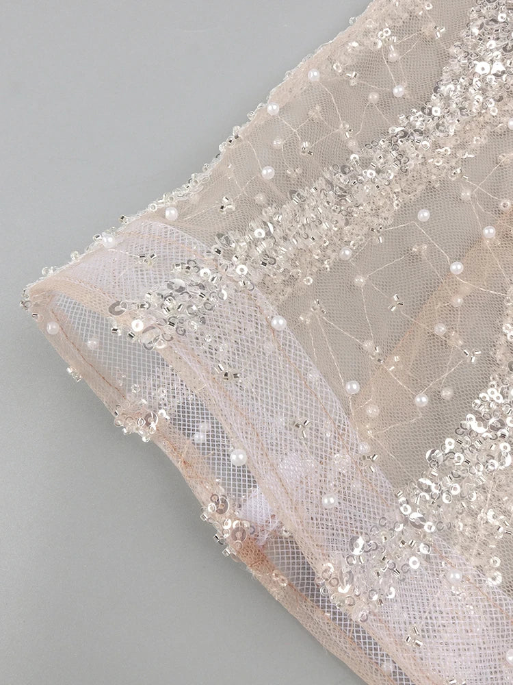 Glamorous One-shoulder Sleeveless Beige Crystal Embellished Dress