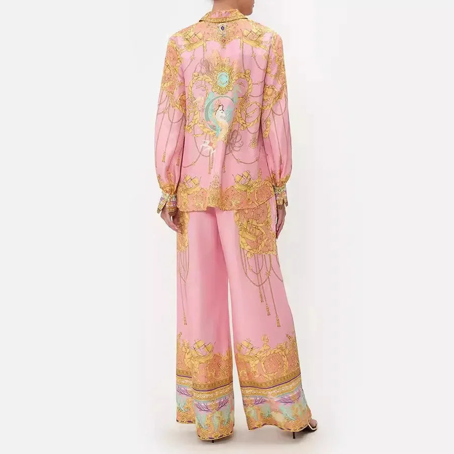 Leisure Long-sleeved Pink Printed Shirt Trousers Sets