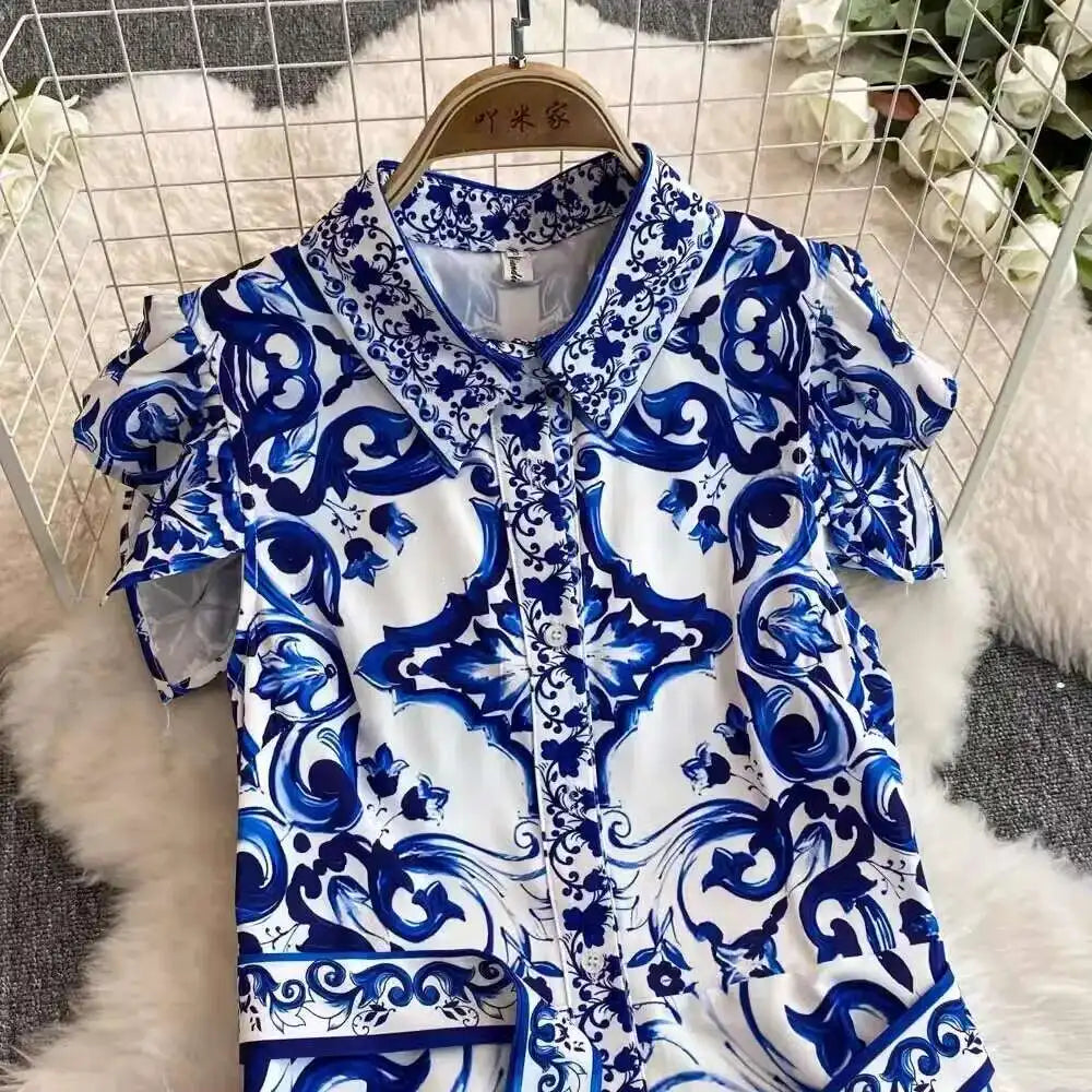 2025 Summer Blue White Porcelain Print Long Dress